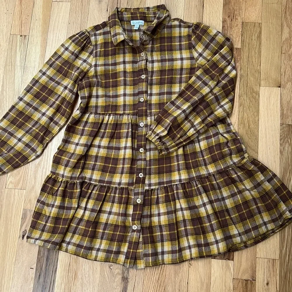 Girl Love Fire Yellow Brown Plaid Fleece Cotton Shirtdress (Youth L)